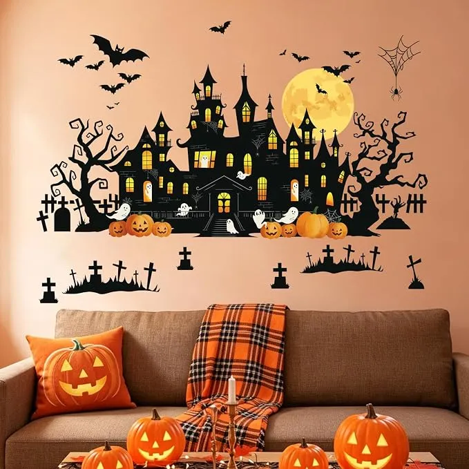 Pegatinas de Pared Halloween Castillo Negro - Decoración Murciélago Calabaza
