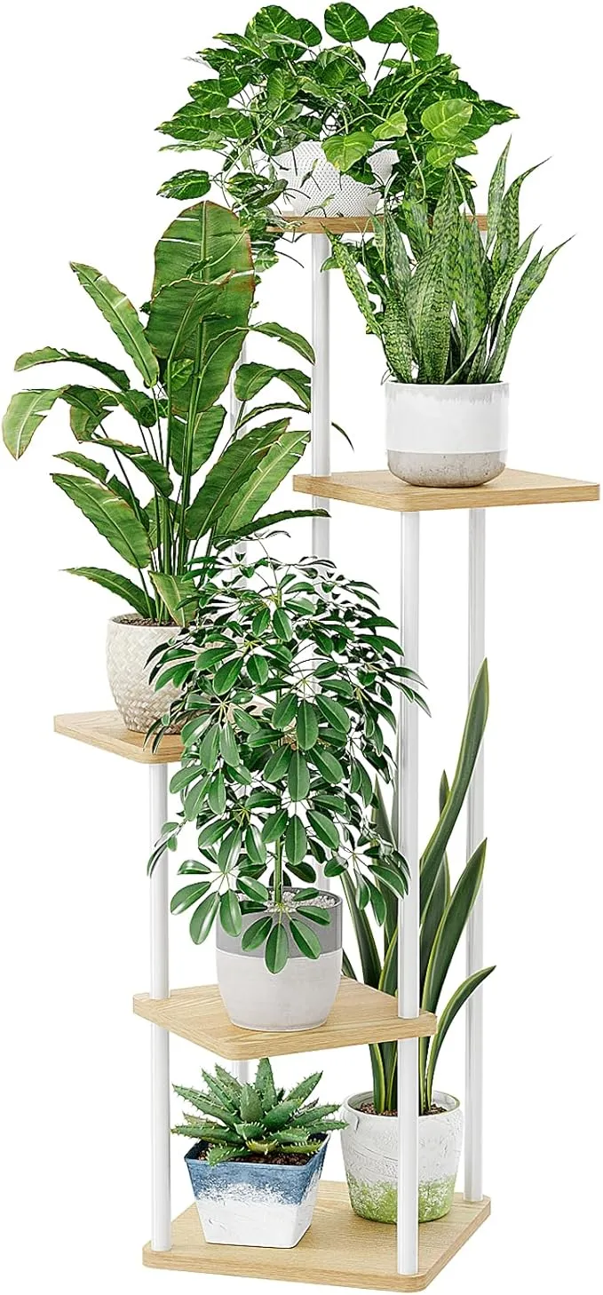 Bamworld Soporte para Plantas Esquinero EstanterÃa para Plantas Alta de Metal para Múltiples Plantas, Soporte Plantas Interior de 5 Niveles para Patio, JardÃn, Balcón, Sala de Estar (Blanco)