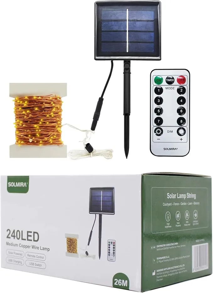 Cadena de Luces Solares LED Exterior 26M 240 LEDs 8 Modos