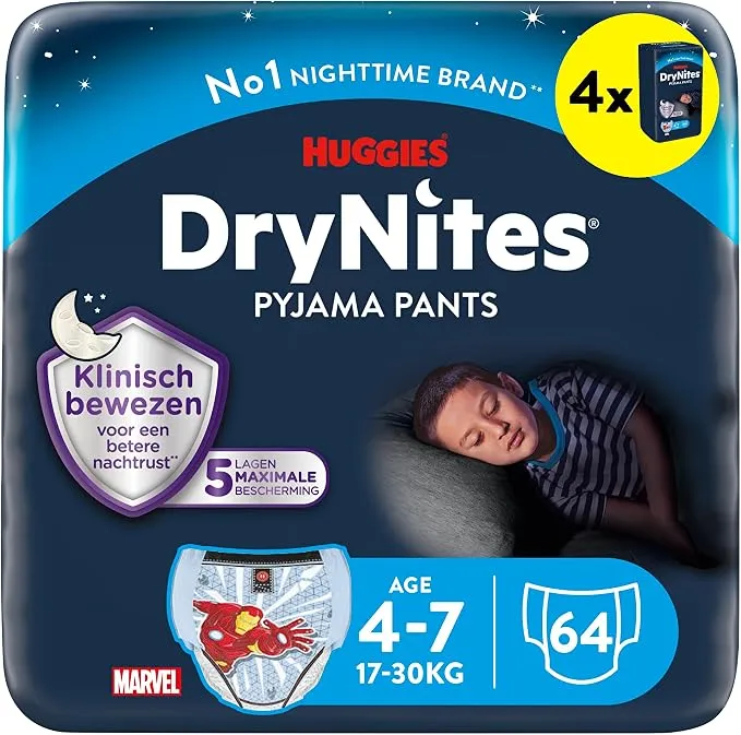 Huggies DryNites Pañales de Noche para Niño 4-7 Años - Pack Ahorro 64 Unidades
