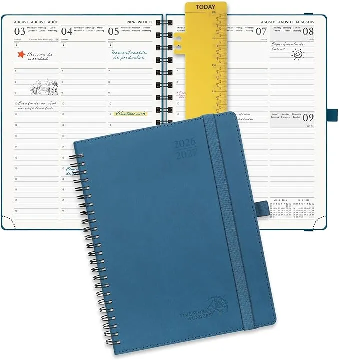 POPRUN Agenda 2026-2027 Semana Vista Espiral Medio 22.5x16.5cm Tapa Blanda Azul Cielo Nocturno