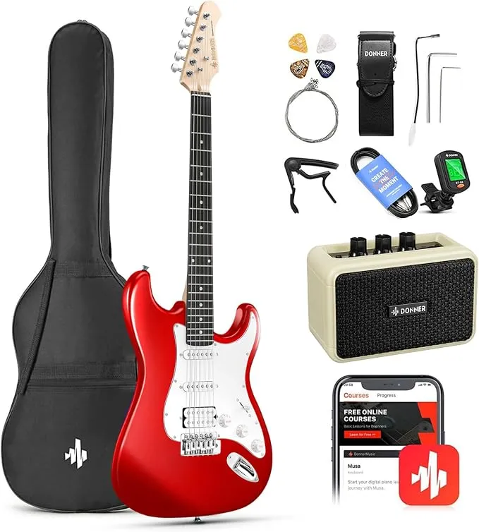 Donner Guitarra Eléctrica Tamaño Completo 39 Pulgadas con Amplificador, Bolsa, Capo, Correa, Cuerda, Sintonizador, Cable y Púas (Rojo, DST-100R)