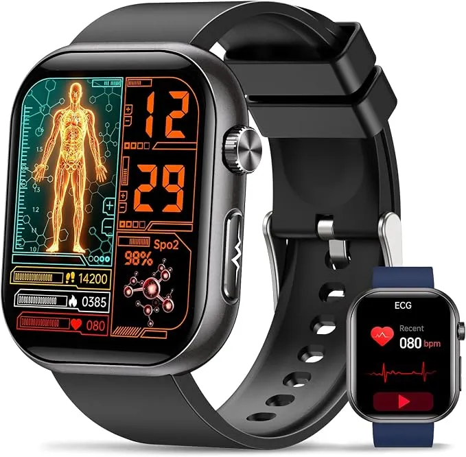 Reloj Inteligente Salud Hombre con ECG/HRV/IMC, Pantalla AMOLED 1.96" Negra