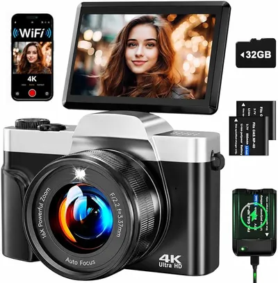 Cámara Digital 4K 64MP con WiFi para Vlogging y Streaming, Pantalla Abatible y Zoom 16X