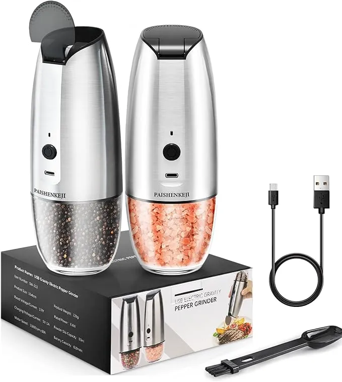 PAISHENKEJI Molinillo Pimienta Electrico, Juego de Molinillo Eléctrico de Sal y Pimienta Recargable USB con luz led, Molinillo Sal Automático con Grosor Ajustable, Para Cocina, BBQ