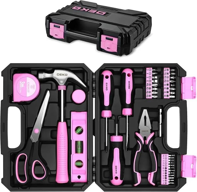 DEKOPRO Juego de 42 Herramientas de Mano, Caja de Herramientas Pequeña Rosa