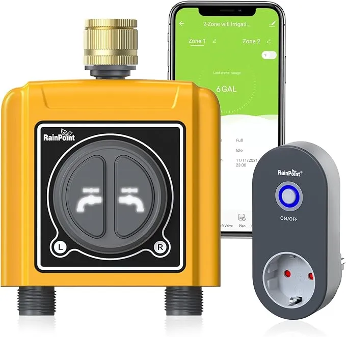 RAINPOINT Programador Riego WiFi 2 Salidas, Entrada de Latón, Smart Temporizador Riego, App/Voz Control, Sistema de Riego Automático por Clima/Suelo para JardÃn y Césped, empotrar Caudalimetro Agua