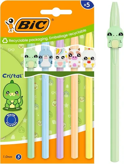 BIC Cristal - Figuras pastel de punta media (1,00 mm), tinta azul, 5 caracteres surtidos y colores de barril, cartón, paquete de 5