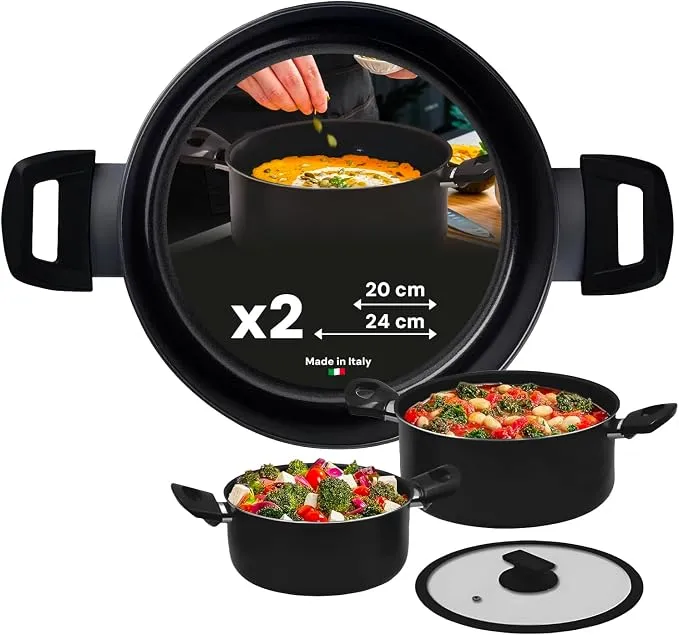 Juego de 2 Cacerolas Avilia de Aluminio con Tapa de Cristal (20/24 cm) Negro