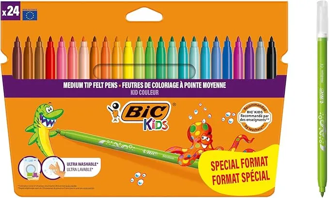 BIC Kids, Kid Couleur, Rotuladores Lavables para Niños,Ideales para Material Escolar, Punta Media Resistente, Colores Brillantes e intensos, Caja de 24 uds