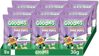 Goodies, Snack para Niños Queso y Cebolla, Dino Puff Horneado con Trigo Integral y Queso Cheddar, 30g x 9U