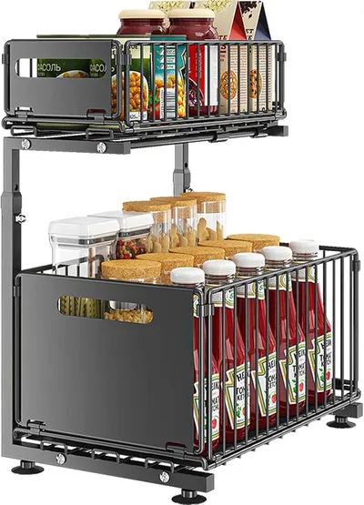 YunNasi Organizador Bajo Fregadero Cocina Lavabo 2 Niveles Metal Deslizable Estante Almacenamiento Debajo Fregadero para Cocina Baño con Altura Ajustable