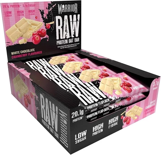 Barritas de proteína cruda Warrior Flapjack (20 g) - 12 x 75 g - Snack saludable de avena para el desayuno que aporta energía y crecimiento muscular (Chocolate blanco con arándanos)