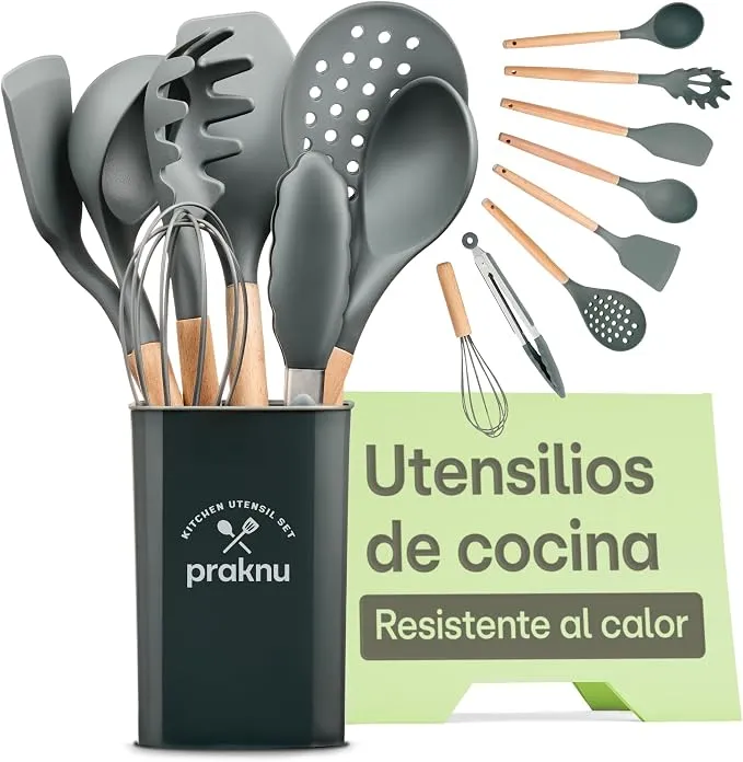 Pack Praknu: Set de 8 Utensilios de Cocina de Silicona con Mangos de Madera