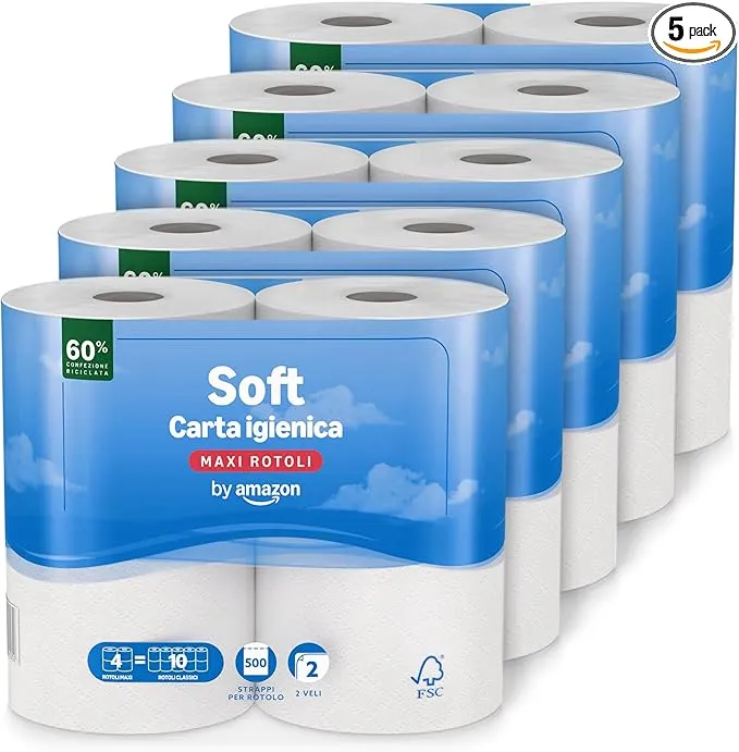 Papel Higiénico Amazon Rollo Grande, 2 Capas Suave y Delicado, 20 Rollos