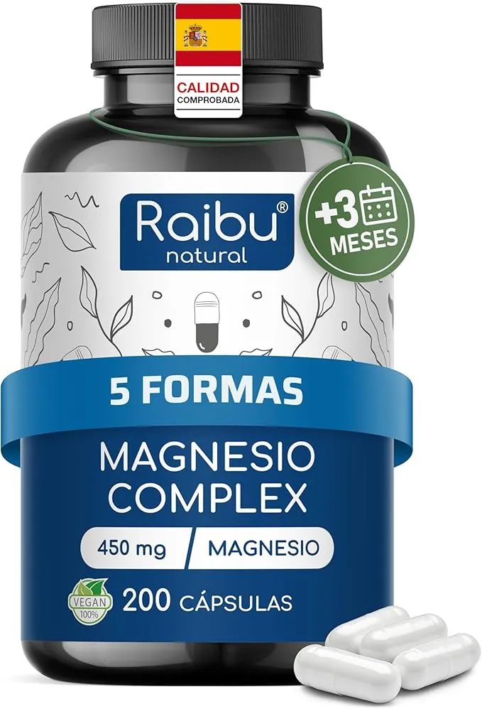 Magnesio Complex 5 en 1: 450mg, 200 Cápsulas para 3 Meses - Apoyo Muscular, Energía y Descanso