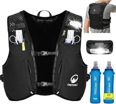 ONETOALL Chaleco Running Hombre Mujer con 2 Botella 500ml y Luz LED Recargable