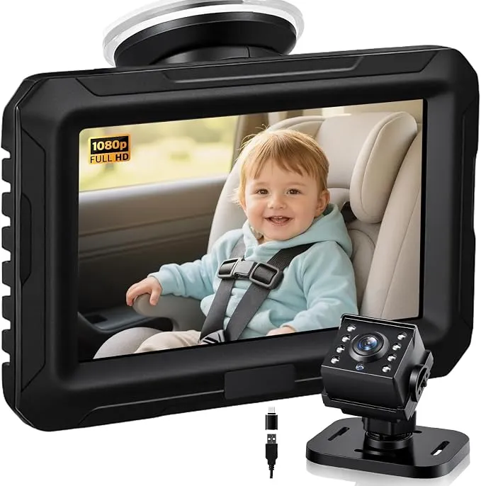 Zacro Cámara Bebé Coche Asiento Trasero HD 1080P con Pantalla 4.3'' y Visión Nocturna