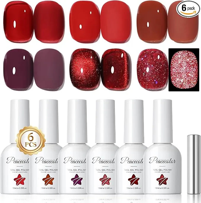 Lote 6 Esmaltes Semipermanentes PEACECOLOR: Rojo, Cat Eye, Jelly y Glitter