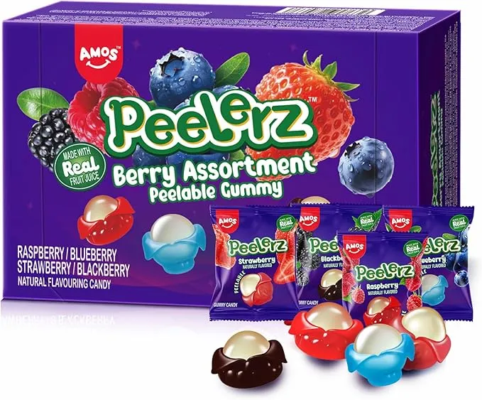 AMOS Peelerz Gominolas Chuches, 4 Sabores Bayas Surtidos Dulces Regalar Caramelos, Pelable Navidad Chuches Caramelos Regalo, 3D Masticables Envueltos Individualmente Gomitas -240G