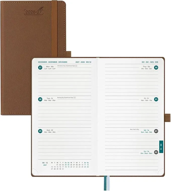 BEZEND Agenda Escolar 2026 2027 Semana Vista Horizontal 9,5 x 17 cm, 18 Meses de Jul.26 a Dic.27, Agenda Semanal Pequeña de Bolsillo, Tapa Dura Cuero PU - Marrón