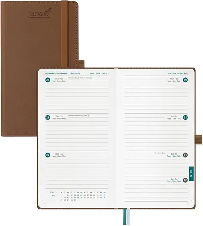 BEZEND Agenda Escolar 2026 2027 Semana Vista Horizontal 9,5 x 17 cm, 18 Meses de Jul.26 a Dic.27, Agenda Semanal Pequeña de Bolsillo, Tapa Dura Cuero PU - Marrón