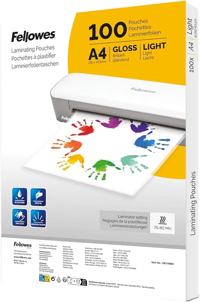Fellowes Fundas Plastificar A4 Brillo Pack 100 para Hogar, Escuela, Oficina