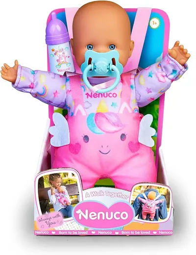 NENUCO, Damos un Paseo, muñeco bebé 35 cm de Cuerpo blandito, Accesorios y Mochila de porteo para Llevar Siempre contigo a Todos Lados, Desarrollo afectivo Emocional, niños +1, Famosa (NFN23000)