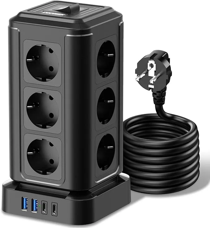 Torre de Enchufes 16 en 1: 12 Schuko + 4 USB (2A/2C) para Hogar y Oficina
