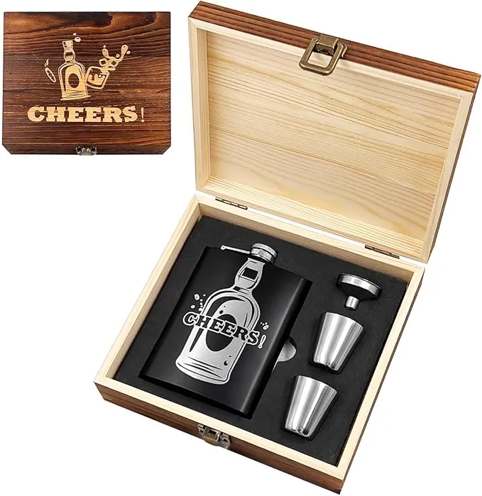 Daily Treasures Petaca Whisky Acero Inoxidable 8oz con Caja Madera