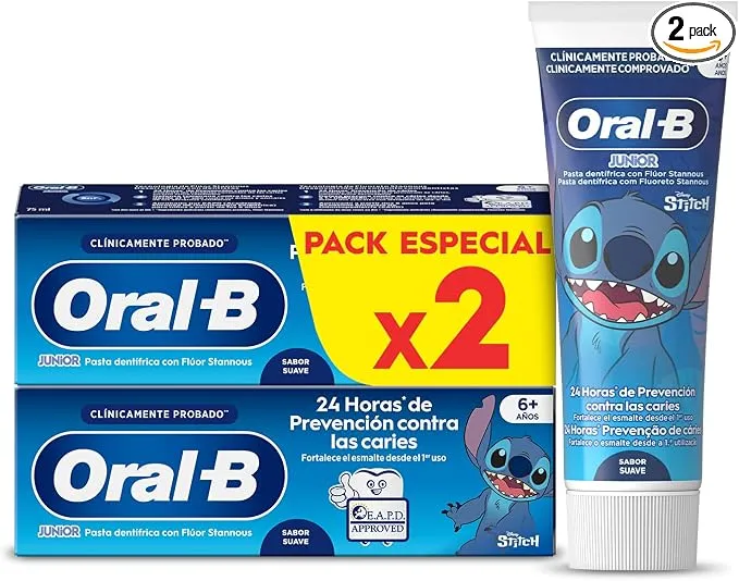 Oral-B Pro Junior Disney Stitch Pasta de Dientes para Niños, Pack 2x75 ml
