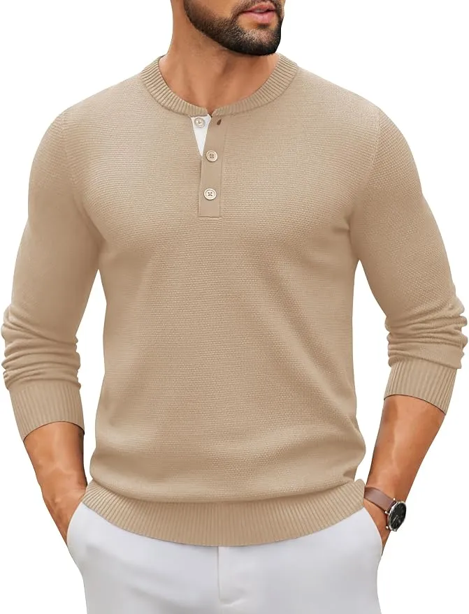 Jersey Henley Beige Manga Larga COOFANDY para Hombre