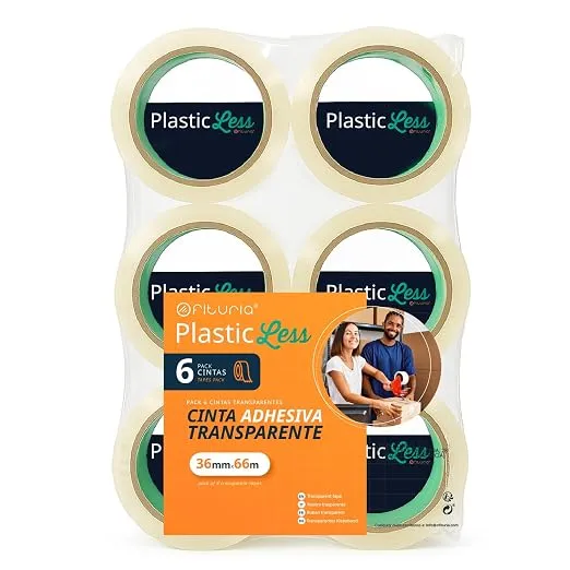 OFITURIA PlasticLess Precinto Transparente 36mm x 66m - Cinta de Embalar Ecológica