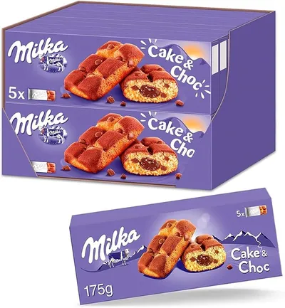 Milka Cake & Choc Bizcocho con Pepitas de Chocolate con Leche de los Alpes y Relleno de Chocolate 175 g, Pack de 16