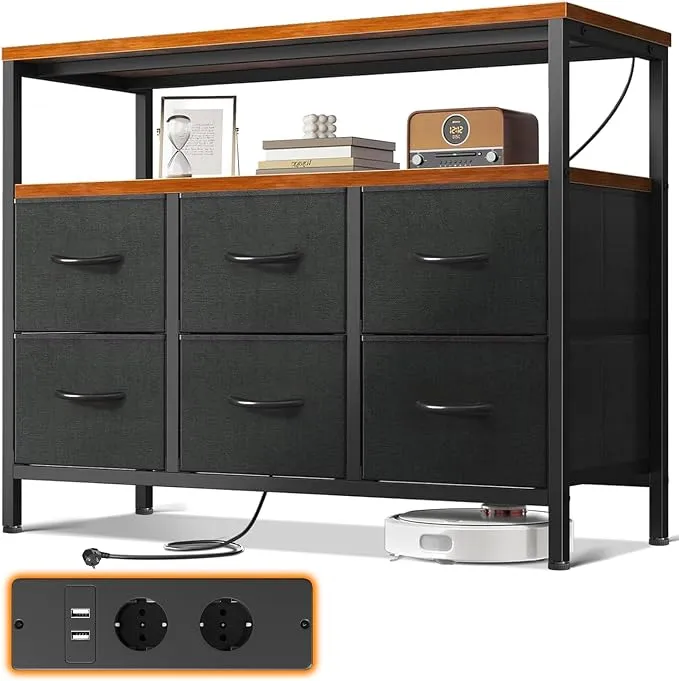 ODK Cómoda de Dormitorio con 6 Cajones, Enchufes y USB Integrados, Estilo Vintage
