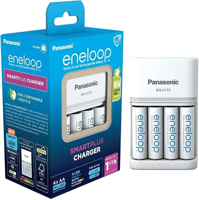 Cargador Inteligente eneloop SmartPlus con 4 Pilas AA Mignon de Alta Capacidad