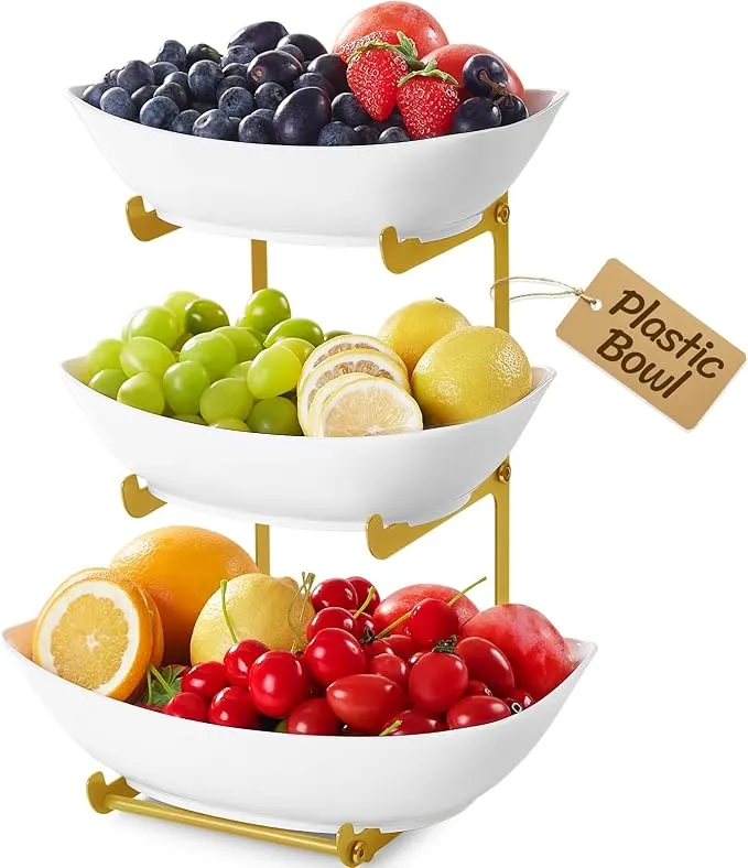 Lifewit Fruta para el Bandejas 3 Pisos de Plástico para Servir Comida, Bandeja de Servicio para Alimentos para el Entretenimiento de Fiesta, Platos Reutilizables Soporte de 3 Niveles con Metal Dorado