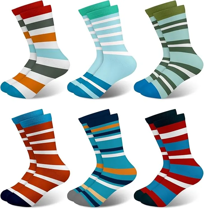 Queenshin 6 Pares Calcetines Niño Infantile Divertidas Colorido Azul Verde Rojo Rayas Calcetines Crew Regalo Comodidad y Transpirabilidad en 5-8 años Tamaño 28-32