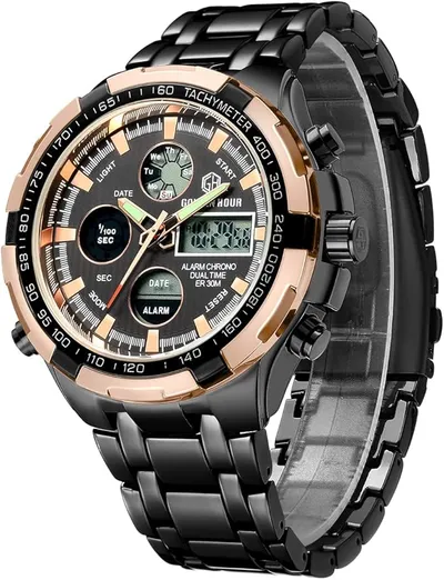 GOLDEN HOUR Reloj de Pulsera analógico Digital de Acero Inoxidable para Hombres y Hombres al Aire Libre, Resistente al Agua, Gran Reloj de Pulsera