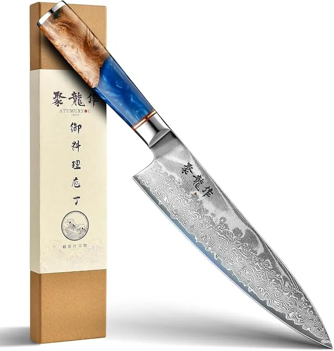 Atumuryou Cuchillo Japonés Damasco VG10 Profesional 20 cm con Mango Azul Océano
