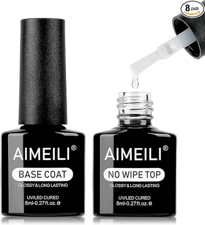 AIMEILI Base y Top Coat Semipermanente Esmalte Alta Brillo UV LED Kit de Uñas Gel de Regalo Para Kit de Manicura Soak off Manicura y Pedicura Vegano - 2 x 8ml