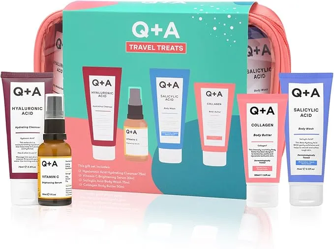 Q+A Travel Treats - Juego de regalo de 4 piezas para cuidado de la piel con bolsa de viaje