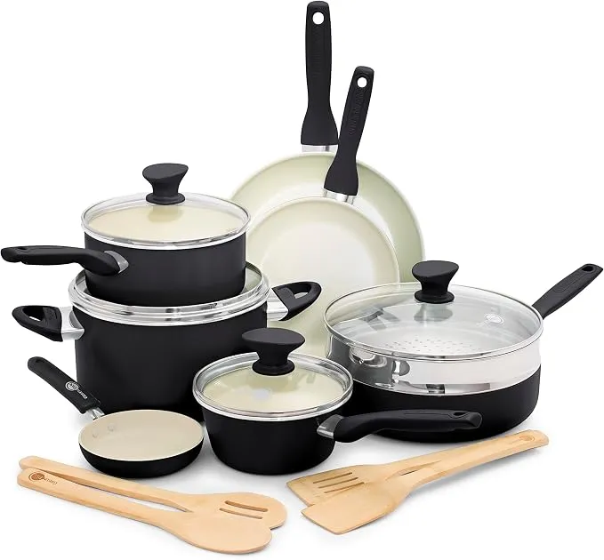GreenPan Rio Batería de Cocina Completa (16 Piezas) en Negro y Crema