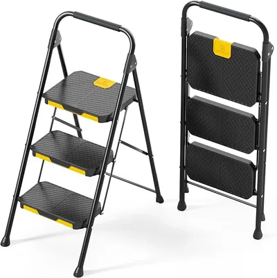 Escalera Plegable KINGRACK 3 Peldaños con Pasamanos y Bloqueo de Seguridad