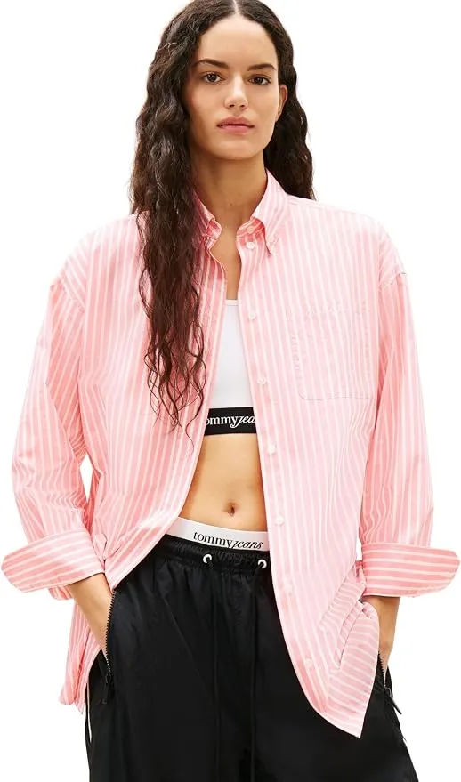 Tommy Jeans Camisa Mujer Poplin Oversized Fit Rosa