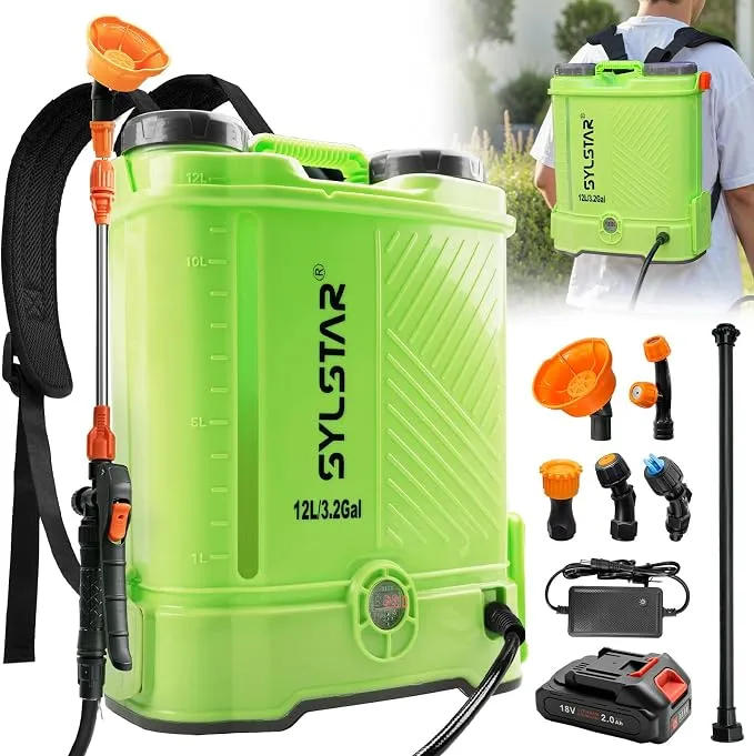 SYLSTAR Pulverizador Eléctrico 12L con Batería Compatible Makita y 5 Boquillas