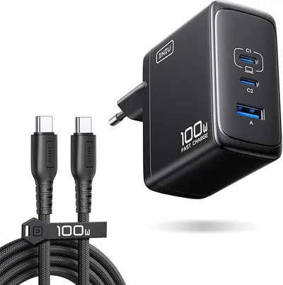 INIU Cargador USB C GAN 100W, 3-Puertos Cargador Rápido Compacto con Cable