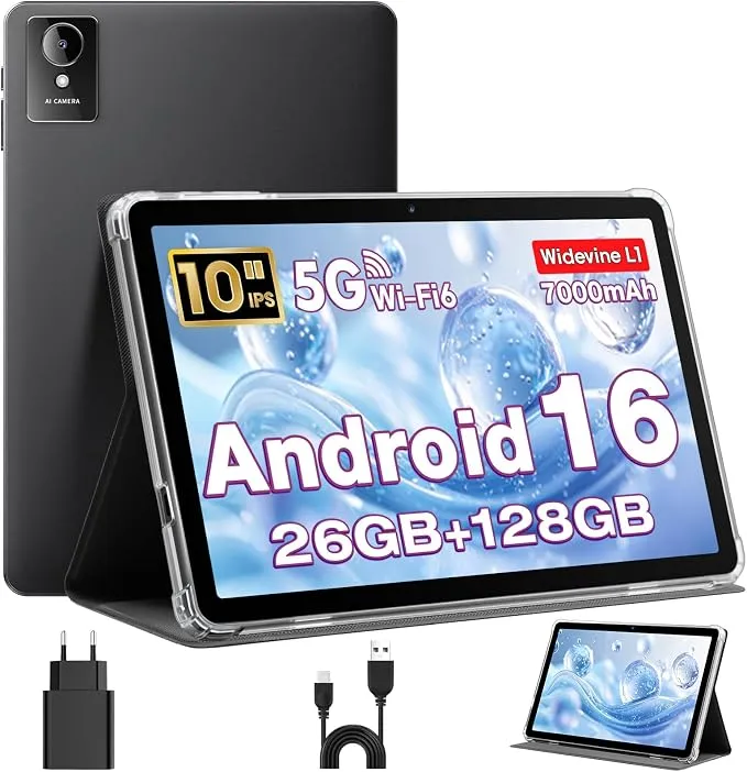 Tableta Android 10" 26GB RAM 128GB ROM Unisoc T606 con Funda
