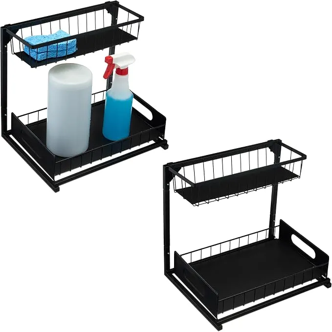 Amazon Basics Organizador para Debajo del Fregadero con Revestimientos, Paquete de 2, Negro