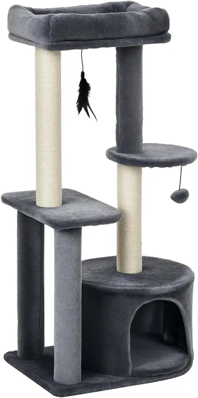 PawHut Árbol para Gatos 100 cm, Torre Multifuncional para Gatos en Gris y Beige